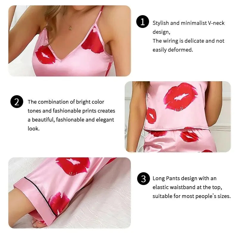 Women's Satin Pajama Set with Lip Print V-Neck Cami Top and Elastic Pants For Women Pijama Comfortable Sleep and Loungwear
