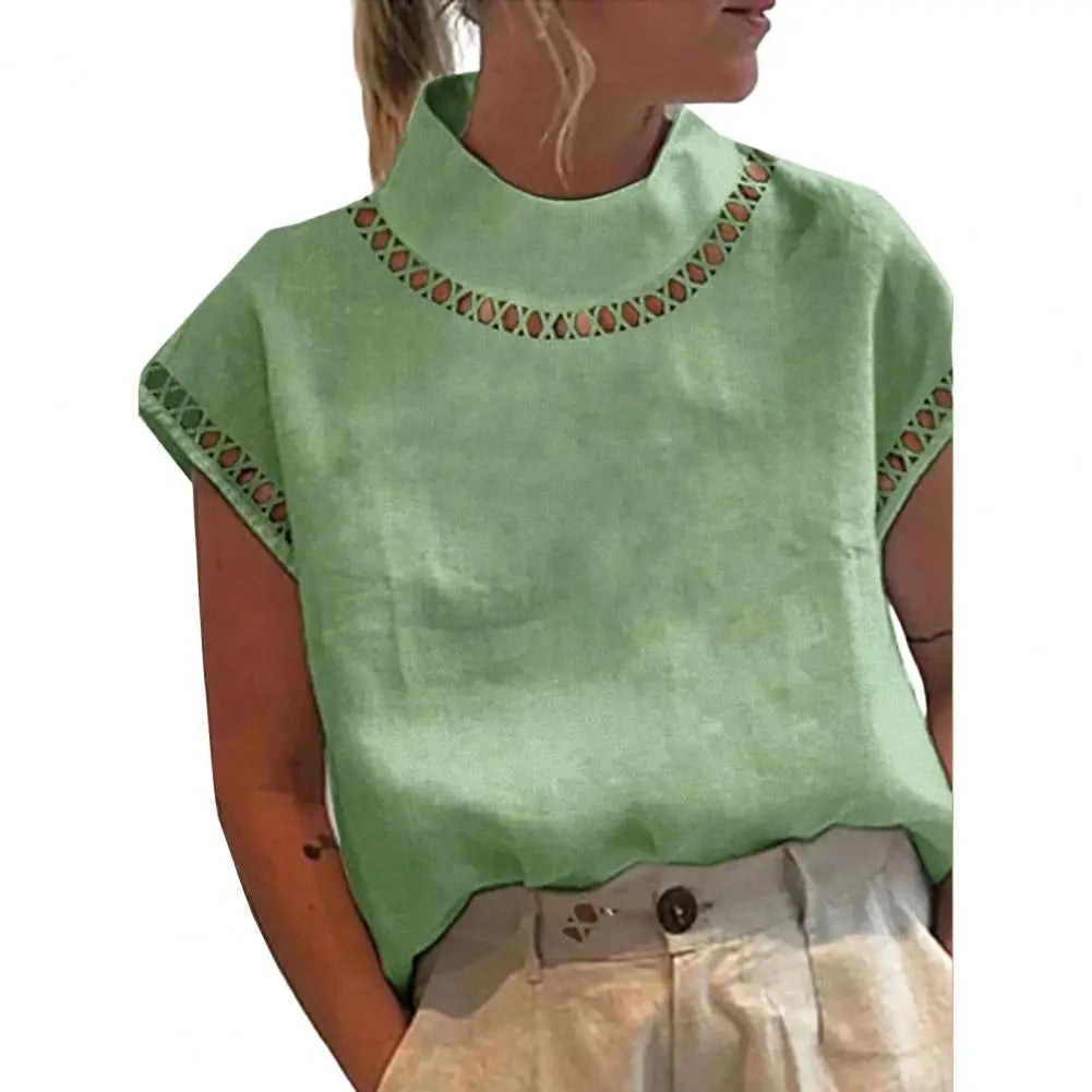 Women Casual O Neck Cotton Linen Blouses Spring Hollow Out Splicing Office Top Summer Short Sleeve Loose Vintage Clothing Shirts