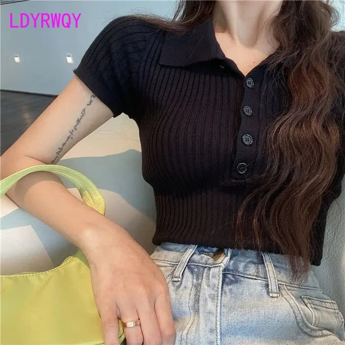 2022 Summer New High Waist Short Fit Polo Neck Knit Top Thin White Short Sleeve T-shirt