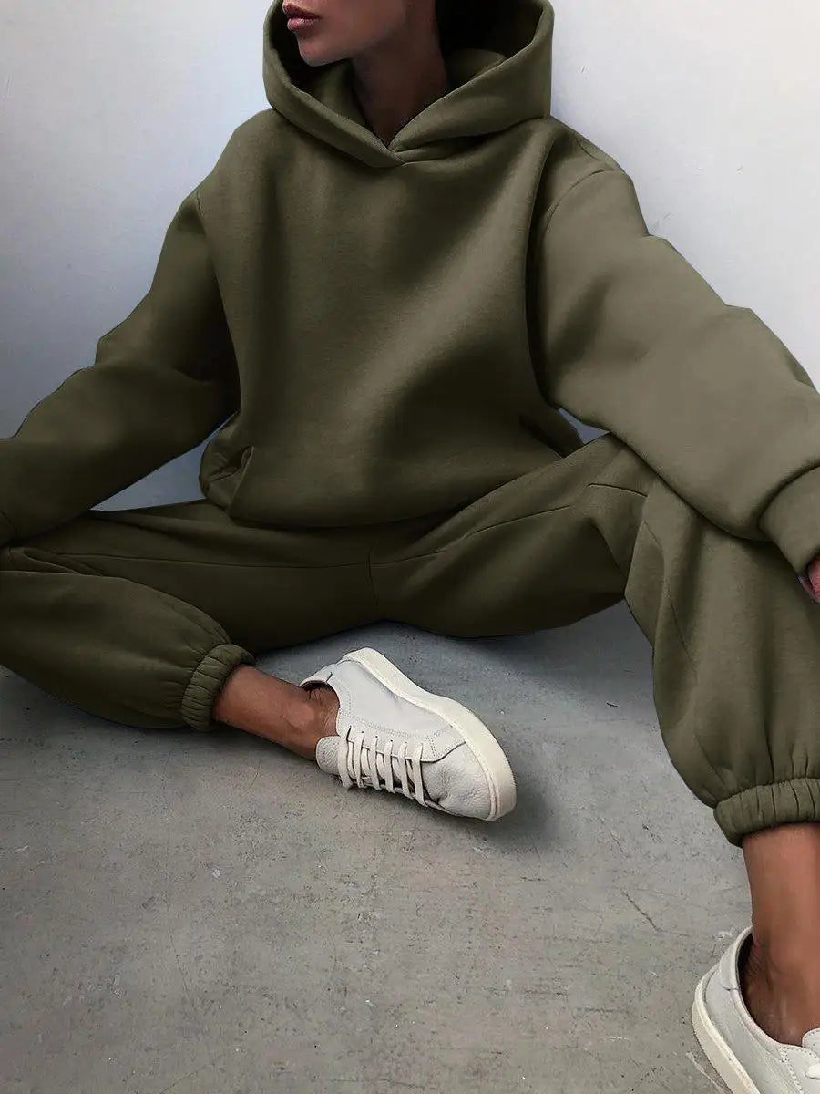 Two Piece Pant Sets Women Solid Thick Sweatshirts Hooded Full Sleeve Elastic Waist Spliced Long Pants Pockets Casual Suits
