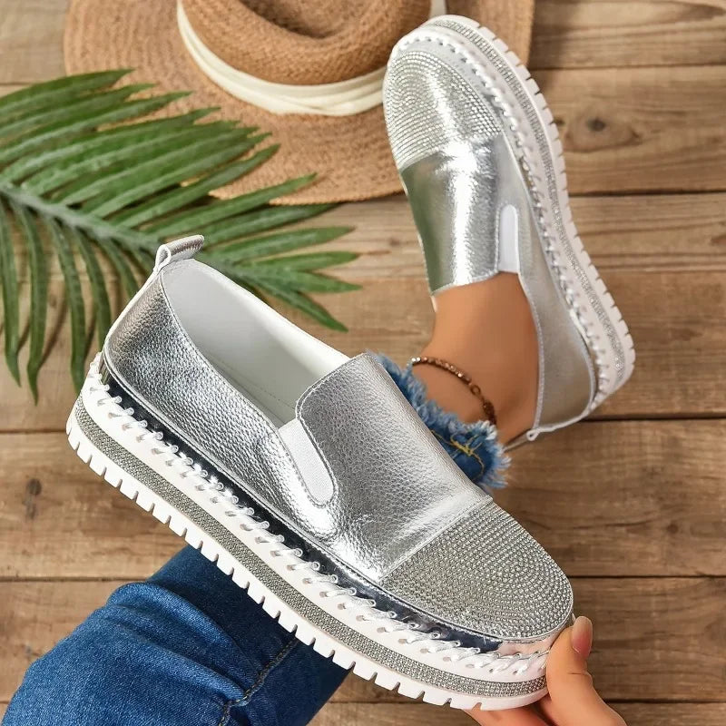 2024 Hot Selling Summer Sports Shoes Women's Thick-soled Single Shoes Rhinestone Comfort Flat Shoes Women's Vulcanized