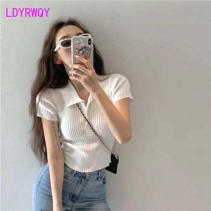 2022 Summer New High Waist Short Fit Polo Neck Knit Top Thin White Short Sleeve T-shirt
