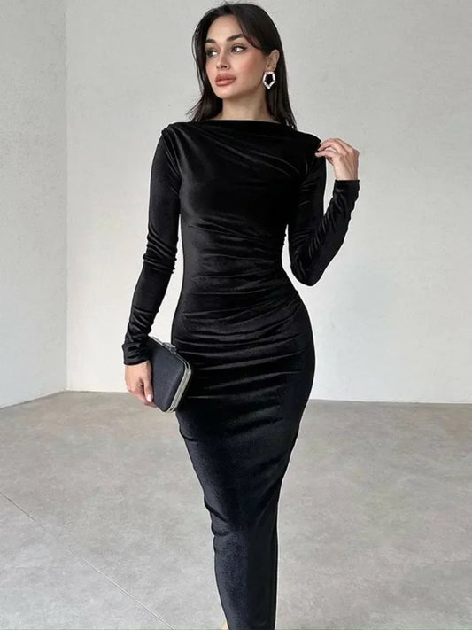 FDYOUI 2025 Autumn O-neck Folds Mid-calf Velvet Dresses for Women Long Sleeve Tunics High Waist Bodycon Evening Party Prom Dress