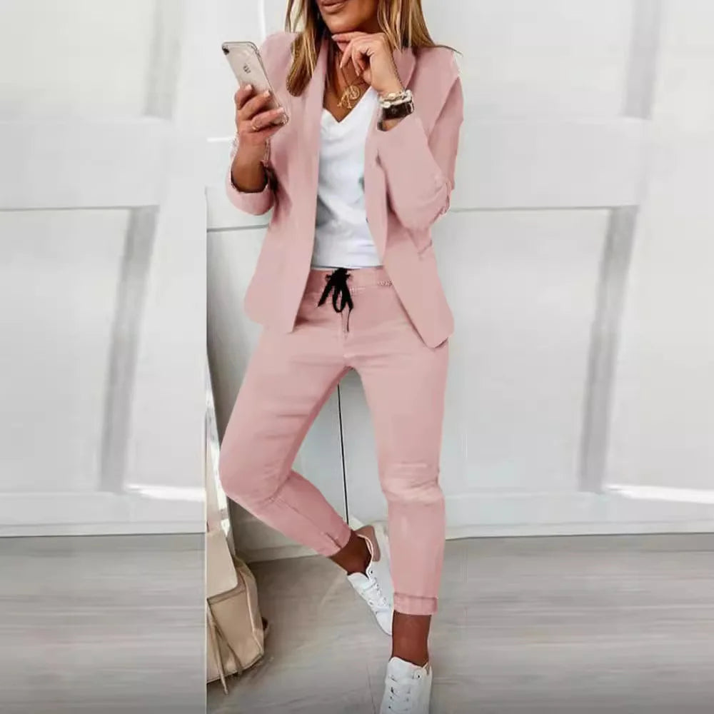 autumn winter blazer pants two piece set women fashion solid long sleeve suit coat outifits casual fashion pencil pant sets