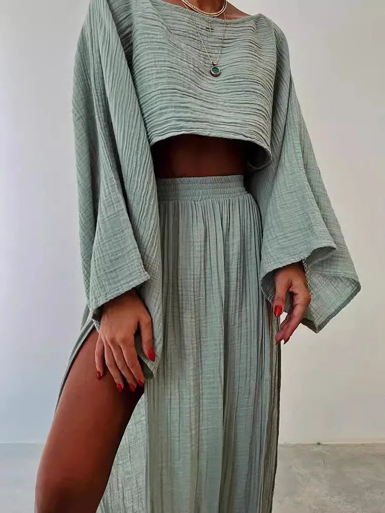 Summer Fashion Cotton Linen Skirt Suit Women O Neck Top + Side Long Slit Skirts 2 Piece Set Y2k High Street Casual Loose Outfit