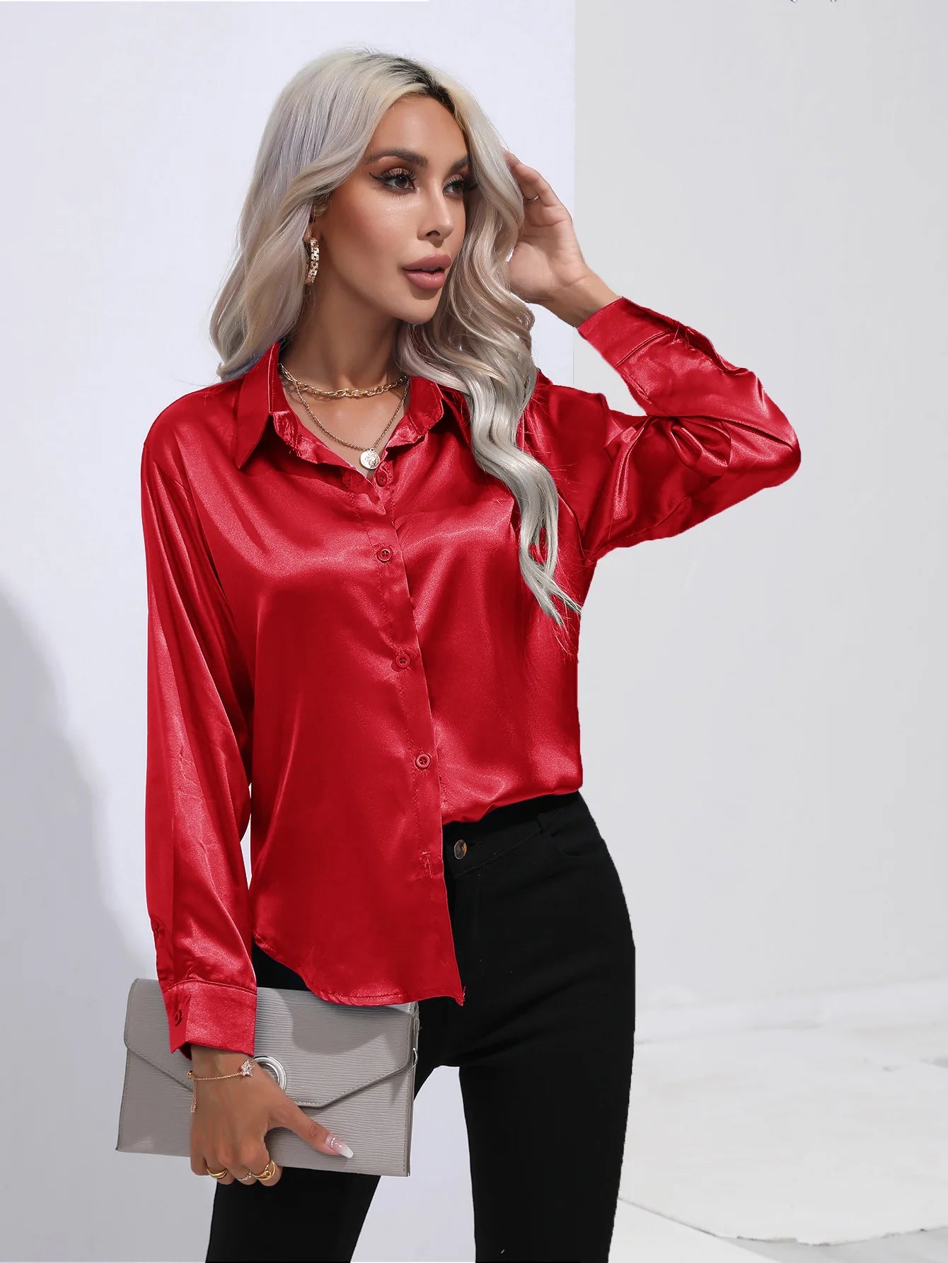 Elegant Women's Satin Imitation Silk Long Sleeve Shirt Autumn/Winter Solid Office Lady Lapel Button Blouse Women Clothing S-XXL