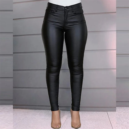 Spodnie Damskie Skórzane PU Slim Fit z Wysokim Stanem