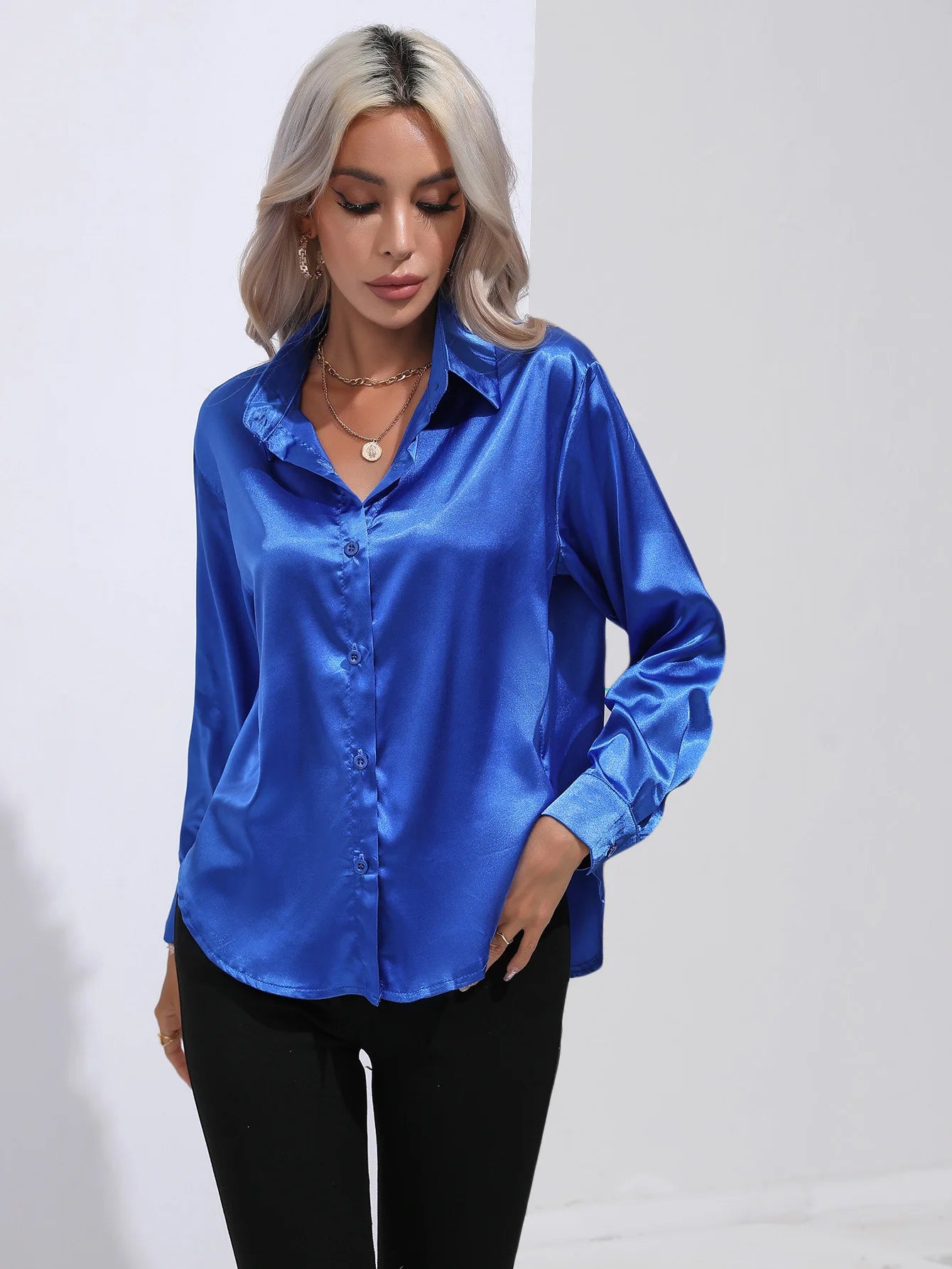 Elegant Women's Satin Imitation Silk Long Sleeve Shirt Autumn/Winter Solid Office Lady Lapel Button Blouse Women Clothing S-XXL