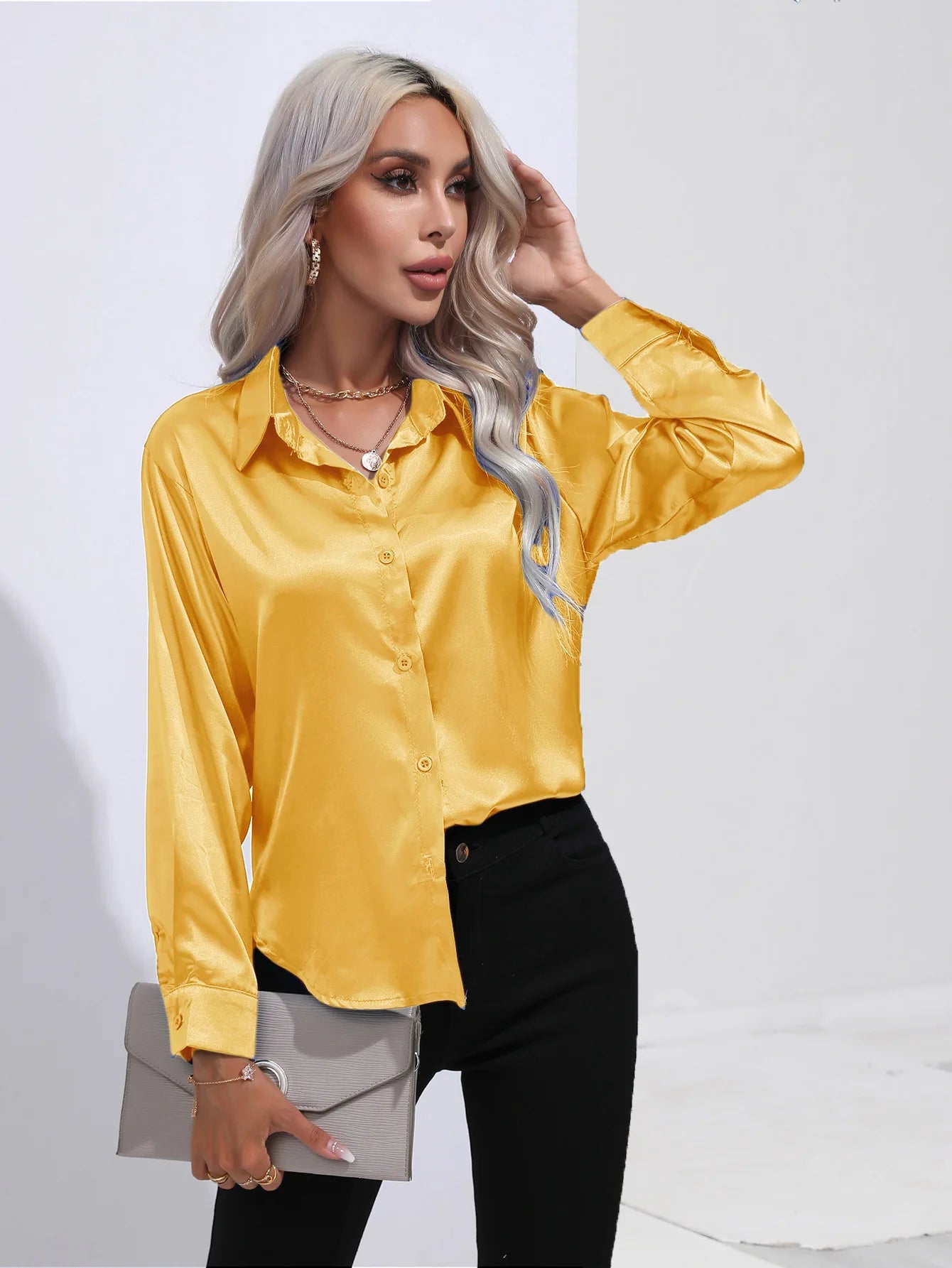Elegant Women's Satin Imitation Silk Long Sleeve Shirt Autumn/Winter Solid Office Lady Lapel Button Blouse Women Clothing S-XXL
