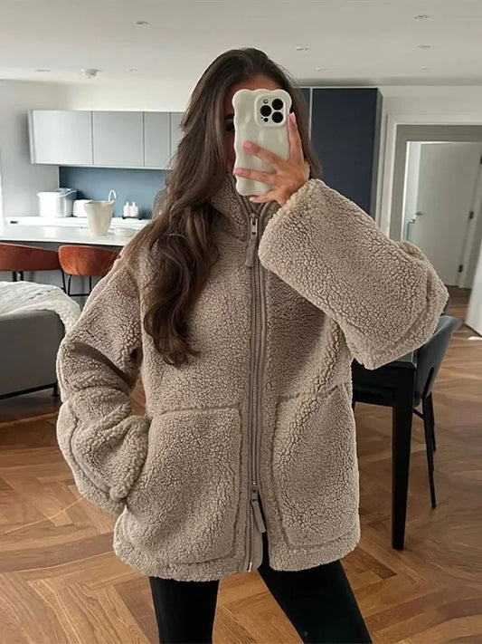 Solid Casual Loose Zippered Plush Jacket Women's Fashion Elegant Long Sleeve Overcoat 2025 Autumn/Winter Thick Warm Street Wear