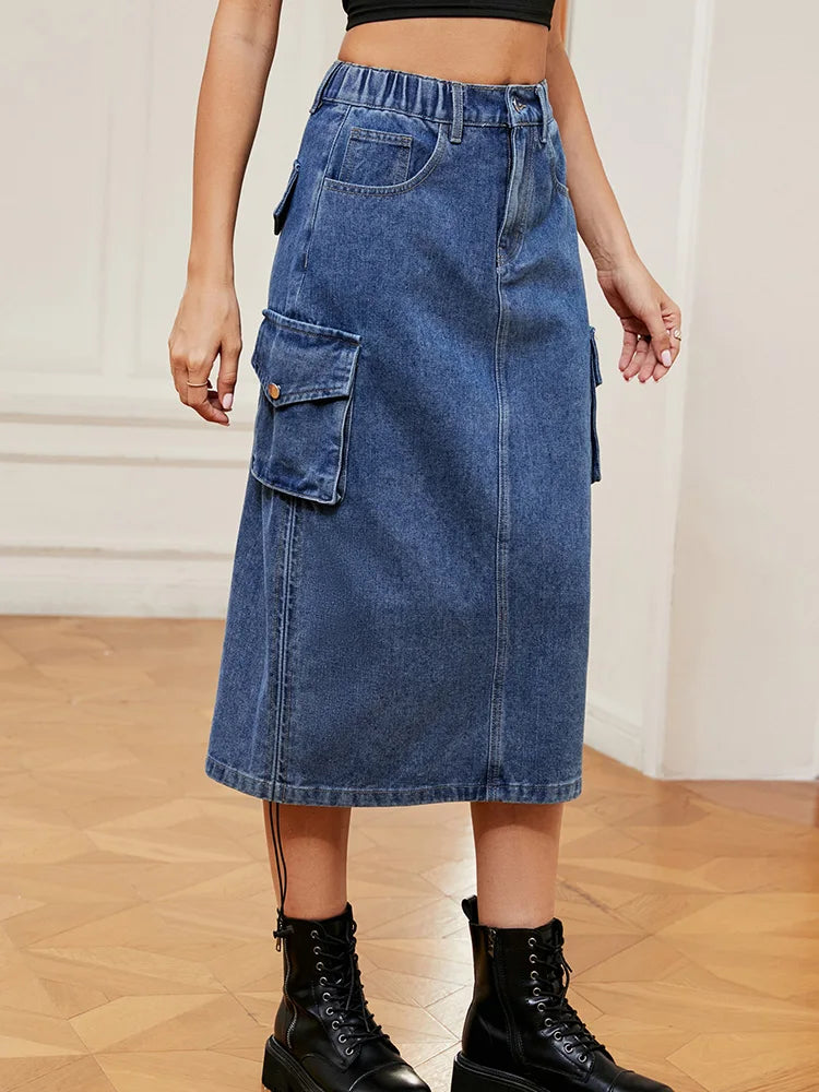 Benuynffy Women Drawstring Cargo Jean Skirt Fashion Vintage High Waist Straight Long Denim Skirts with Pockets Casual Streetwear