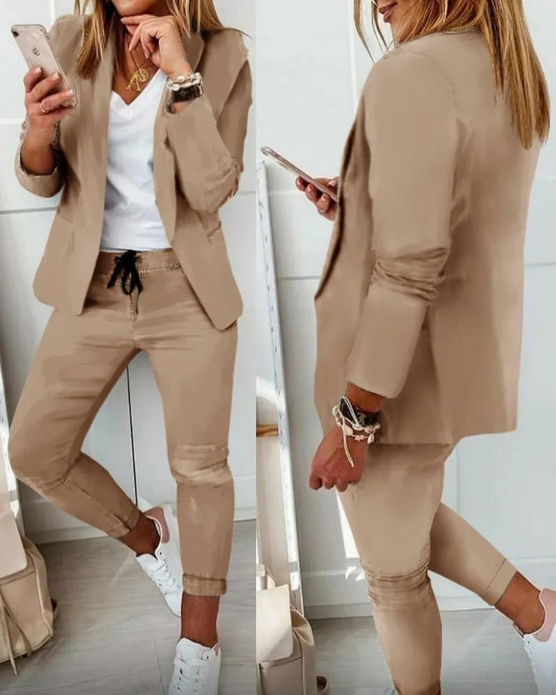 autumn winter blazer pants two piece set women fashion solid long sleeve suit coat outifits casual fashion pencil pant sets