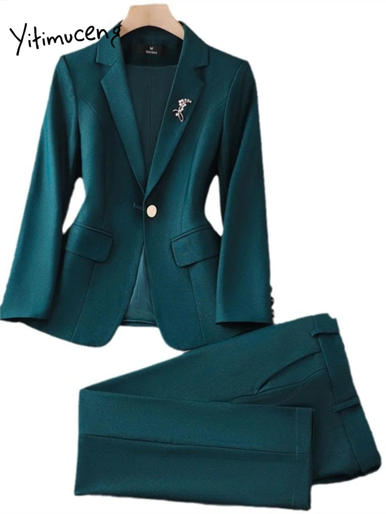 Yitimuceng Slim 2 Piece Sets Office Wear Women 2024 New Fashion Turn Down Collar Single Button Blazers Casual Pencil Pant Suits