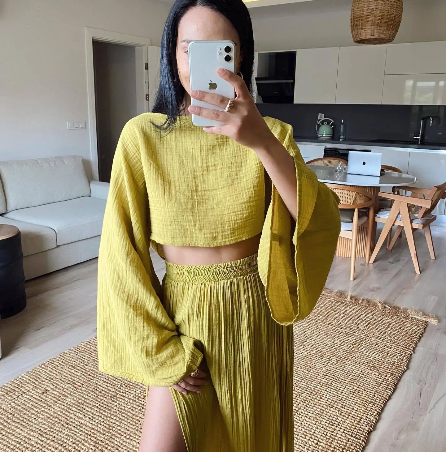 Summer Fashion Cotton Linen Skirt Suit Women O Neck Top + Side Long Slit Skirts 2 Piece Set Y2k High Street Casual Loose Outfit