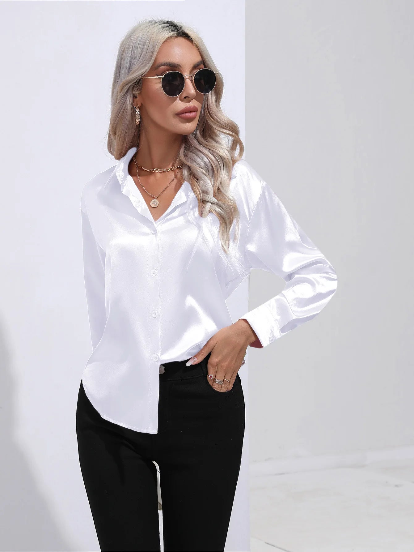 Elegant Women's Satin Imitation Silk Long Sleeve Shirt Autumn/Winter Solid Office Lady Lapel Button Blouse Women Clothing S-XXL