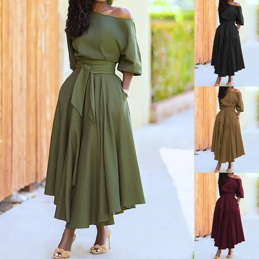Women's S-2XL Size New Slanted Shoulder Collar Tie Waist Style Solid Color Dress Leopard print maxi dresses for women