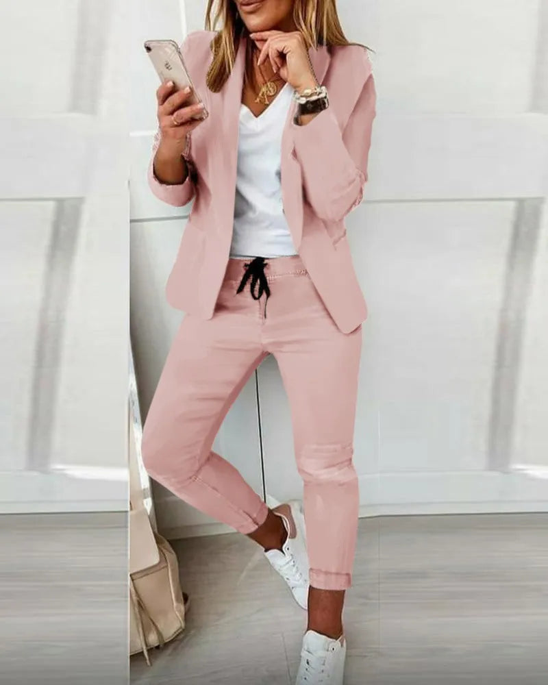 autumn winter blazer pants two piece set women fashion solid long sleeve suit coat outifits casual fashion pencil pant sets