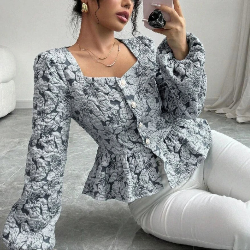 Bubble Sleeve Shirt Retro Square Collar Floral Shirt 2025 Spring Fashion Commuter Coat Women