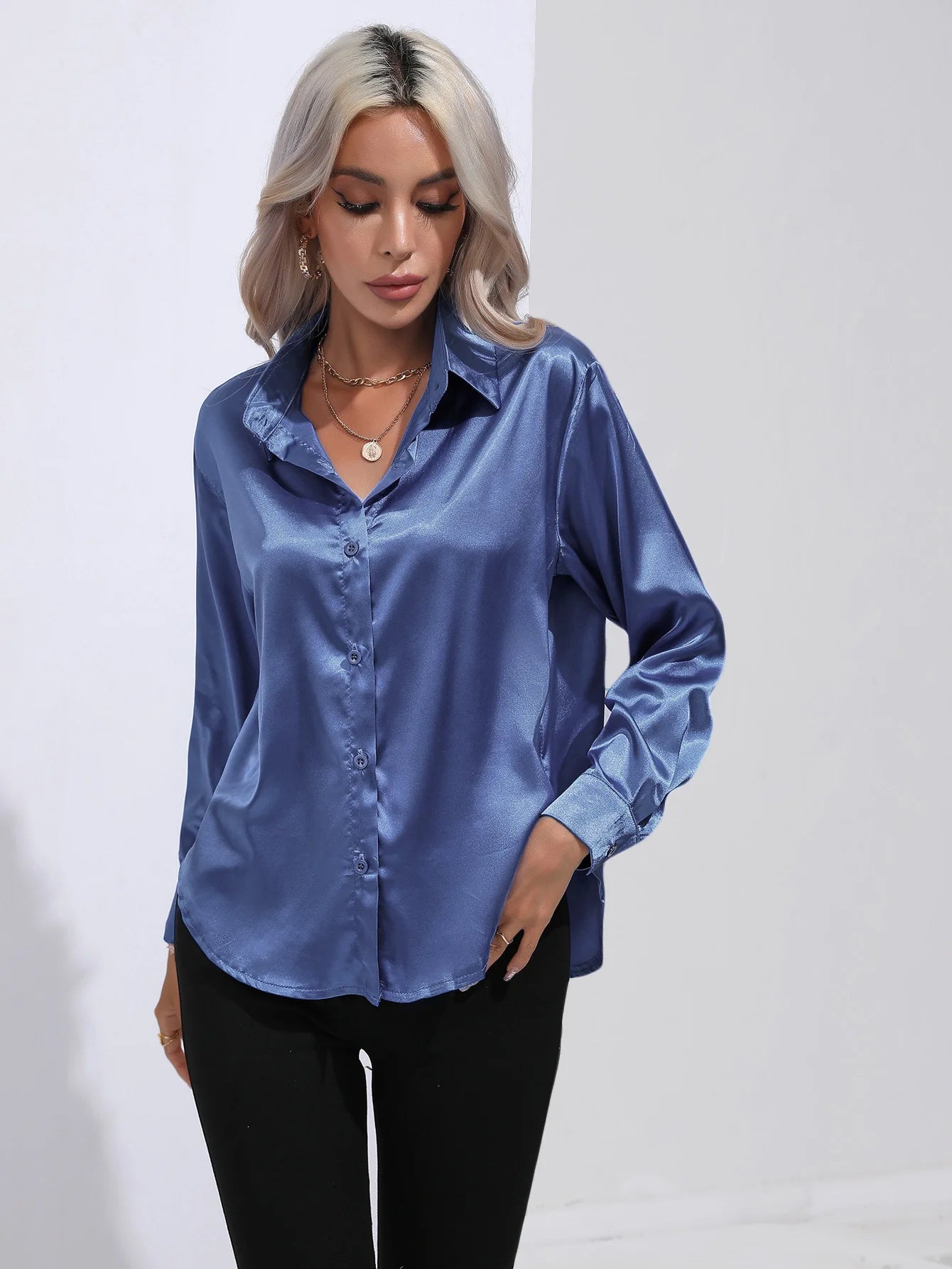 Elegant Women's Satin Imitation Silk Long Sleeve Shirt Autumn/Winter Solid Office Lady Lapel Button Blouse Women Clothing S-XXL