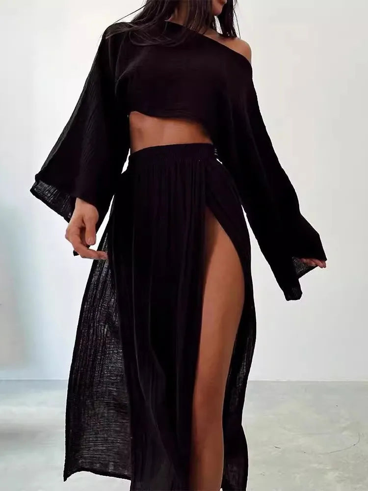 Summer Fashion Cotton Linen Skirt Suit Women O Neck Top + Side Long Slit Skirts 2 Piece Set Y2k High Street Casual Loose Outfit