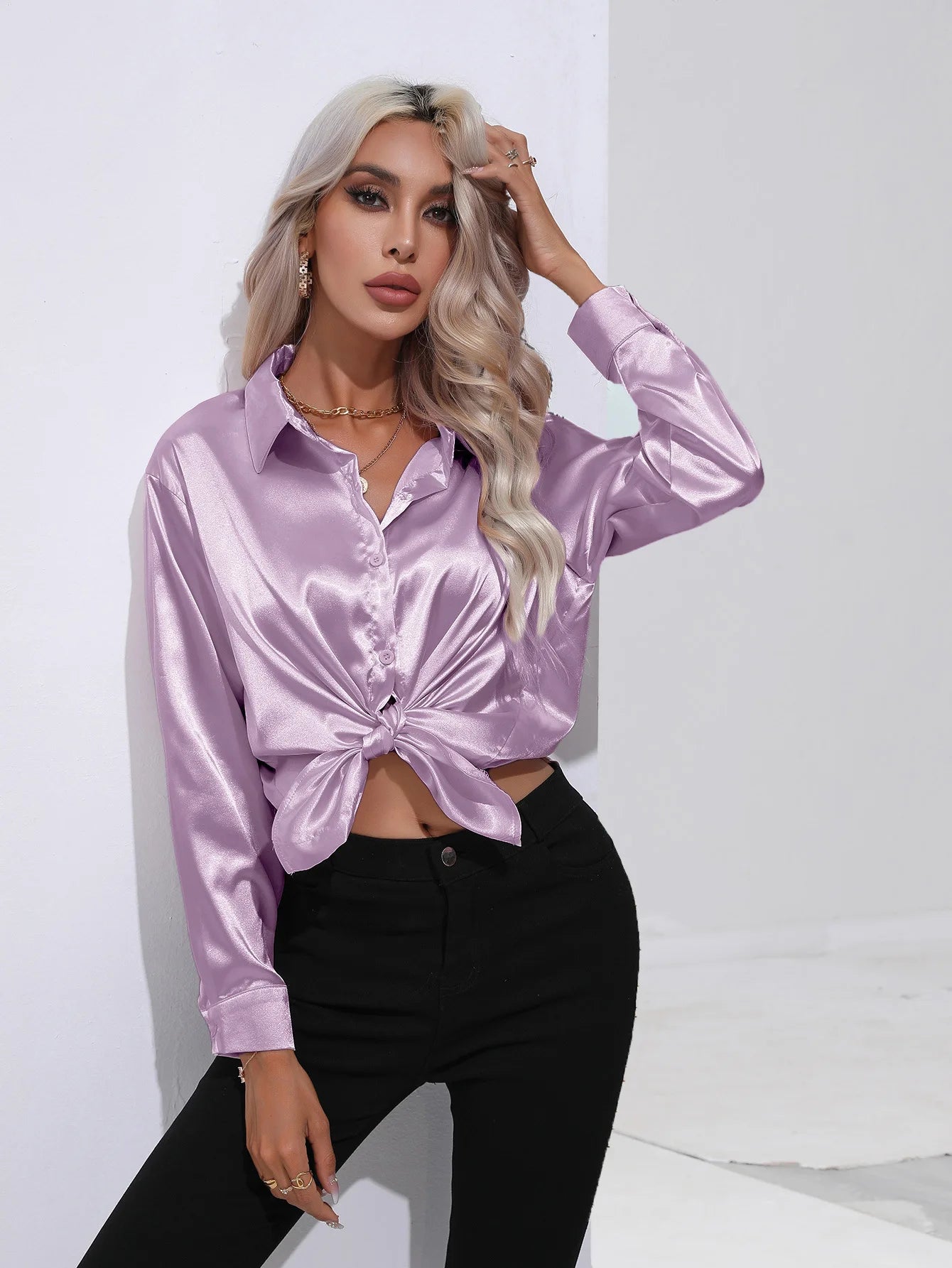 Elegant Women's Satin Imitation Silk Long Sleeve Shirt Autumn/Winter Solid Office Lady Lapel Button Blouse Women Clothing S-XXL