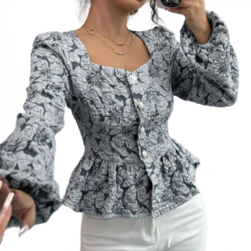 Bubble Sleeve Shirt Retro Square Collar Floral Shirt 2025 Spring Fashion Commuter Coat Women