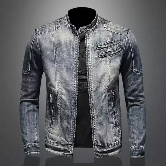 Trendy Stand Collar Zip-Uplapel Motorcycle Denim Jacket Unique Vintage Sports Top For Men Casual Trendy Brand Jacket