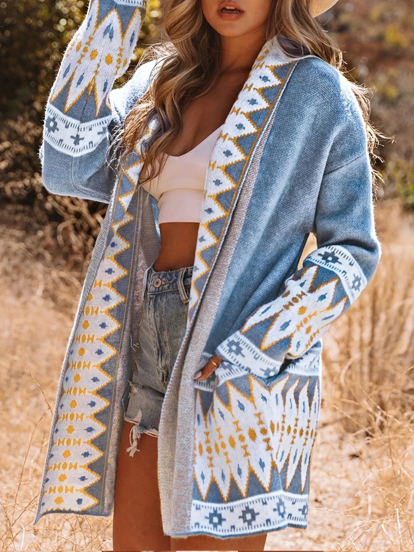 Europe and the United States new autumn and winter national style printed leisure long-sleeved sweater cardigan coat