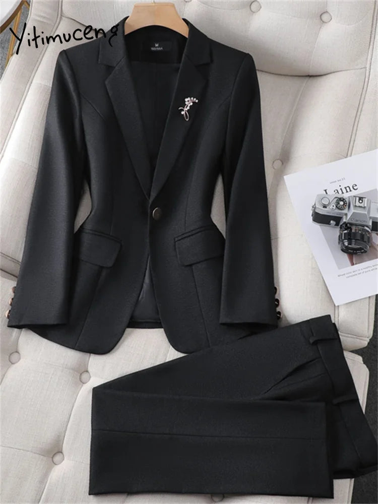 Yitimuceng Slim 2 Piece Sets Office Wear Women 2024 New Fashion Turn Down Collar Single Button Blazers Casual Pencil Pant Suits