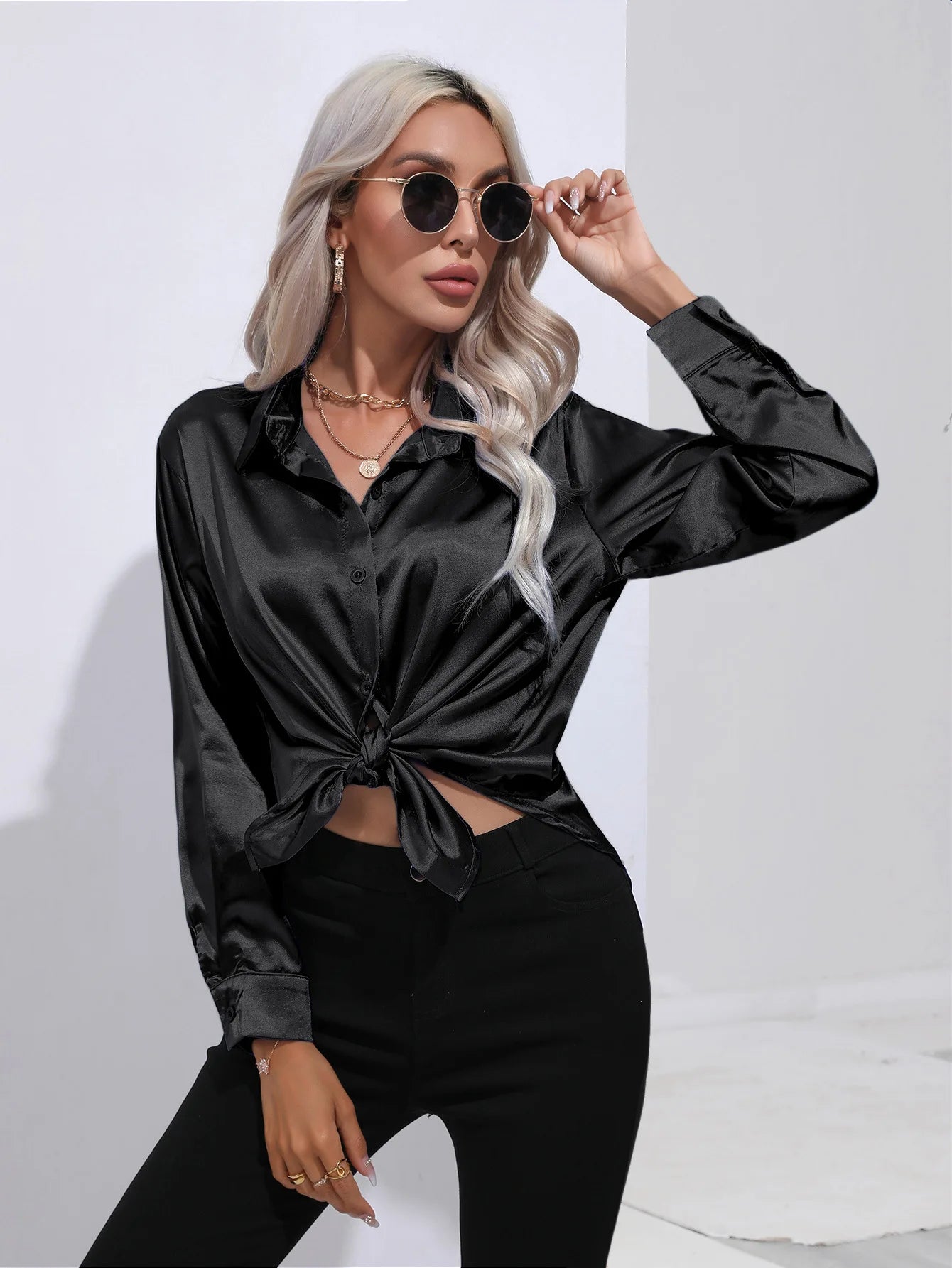 Elegant Women's Satin Imitation Silk Long Sleeve Shirt Autumn/Winter Solid Office Lady Lapel Button Blouse Women Clothing S-XXL