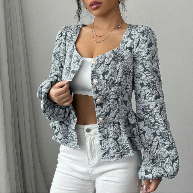 Bubble Sleeve Shirt Retro Square Collar Floral Shirt 2025 Spring Fashion Commuter Coat Women