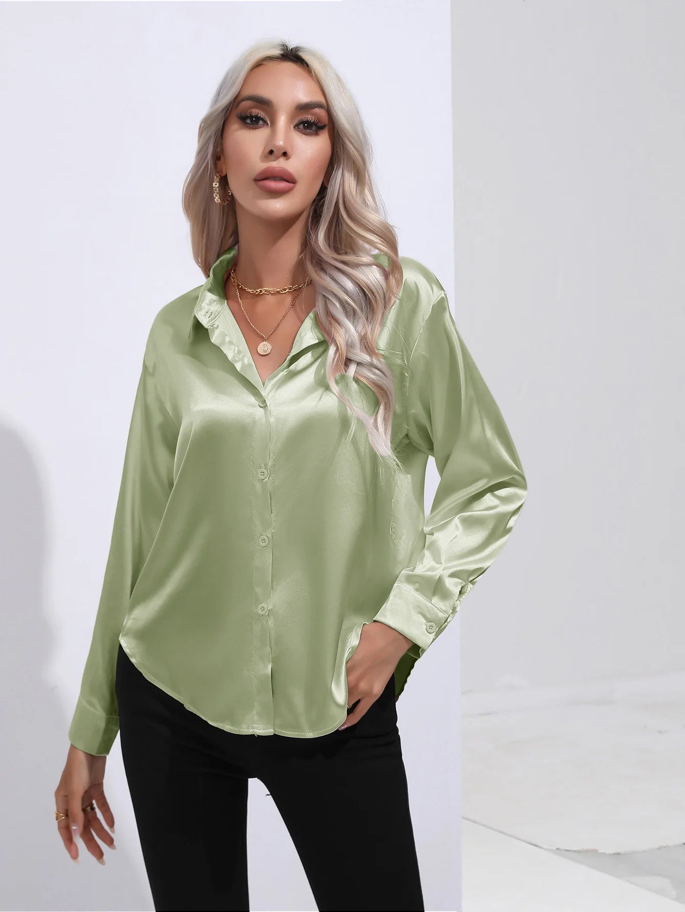 Elegant Women's Satin Imitation Silk Long Sleeve Shirt Autumn/Winter Solid Office Lady Lapel Button Blouse Women Clothing S-XXL