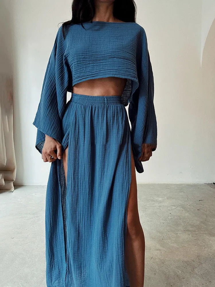 Summer Fashion Cotton Linen Skirt Suit Women O Neck Top + Side Long Slit Skirts 2 Piece Set Y2k High Street Casual Loose Outfit