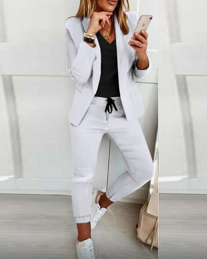 autumn winter blazer pants two piece set women fashion solid long sleeve suit coat outifits casual fashion pencil pant sets