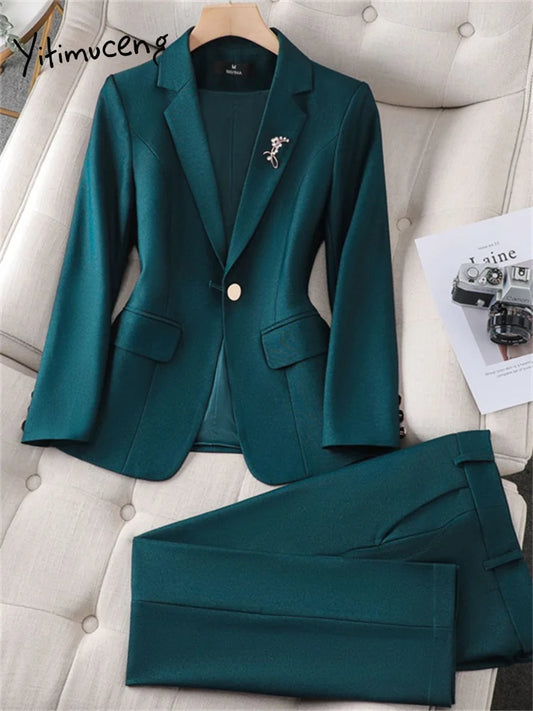 Yitimuceng Slim 2 Piece Sets Office Wear Women 2024 New Fashion Turn Down Collar Single Button Blazers Casual Pencil Pant Suits
