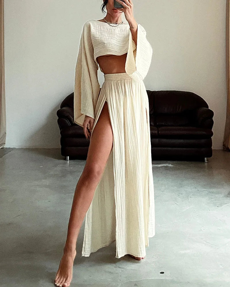 Summer Fashion Cotton Linen Skirt Suit Women O Neck Top + Side Long Slit Skirts 2 Piece Set Y2k High Street Casual Loose Outfit