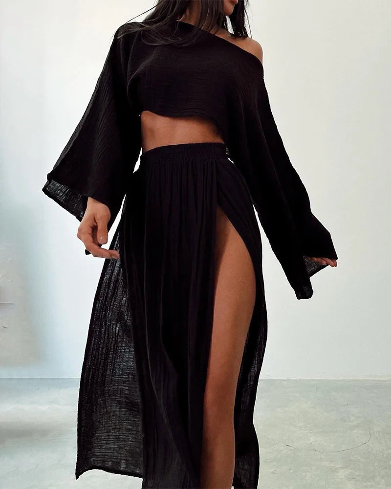 Summer Fashion Cotton Linen Skirt Suit Women O Neck Top + Side Long Slit Skirts 2 Piece Set Y2k High Street Casual Loose Outfit