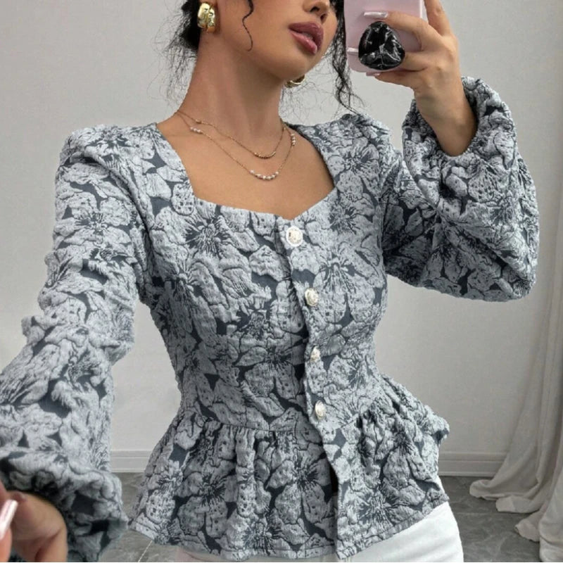 Bubble Sleeve Shirt Retro Square Collar Floral Shirt 2025 Spring Fashion Commuter Coat Women