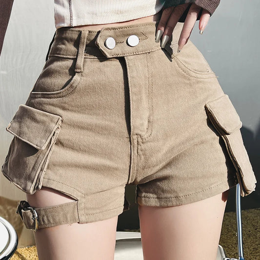 High Waisted Cargo Shorts Khaki Chic Pockets Jeans Shorts Sexy Girl Summer Clothes for Women