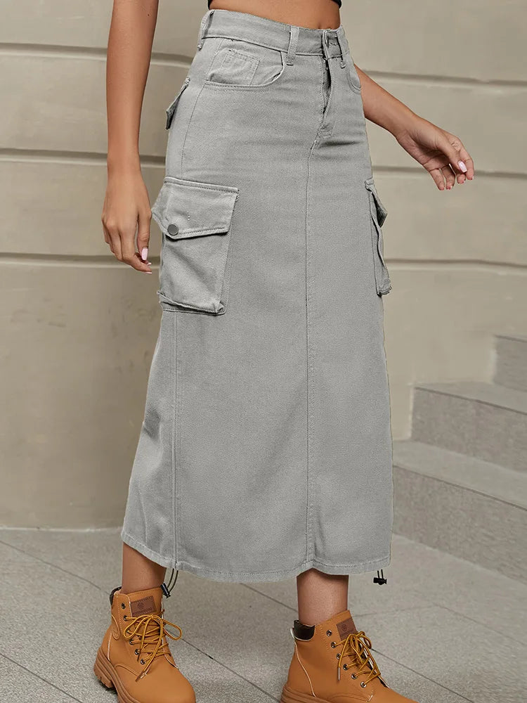 Benuynffy Women Drawstring Cargo Jean Skirt Fashion Vintage High Waist Straight Long Denim Skirts with Pockets Casual Streetwear