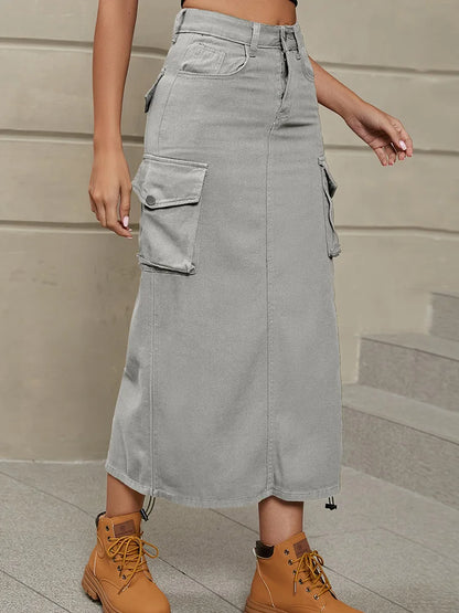 Spódnica Damska Jeansowa Mid-Calf z Kieszeniami
