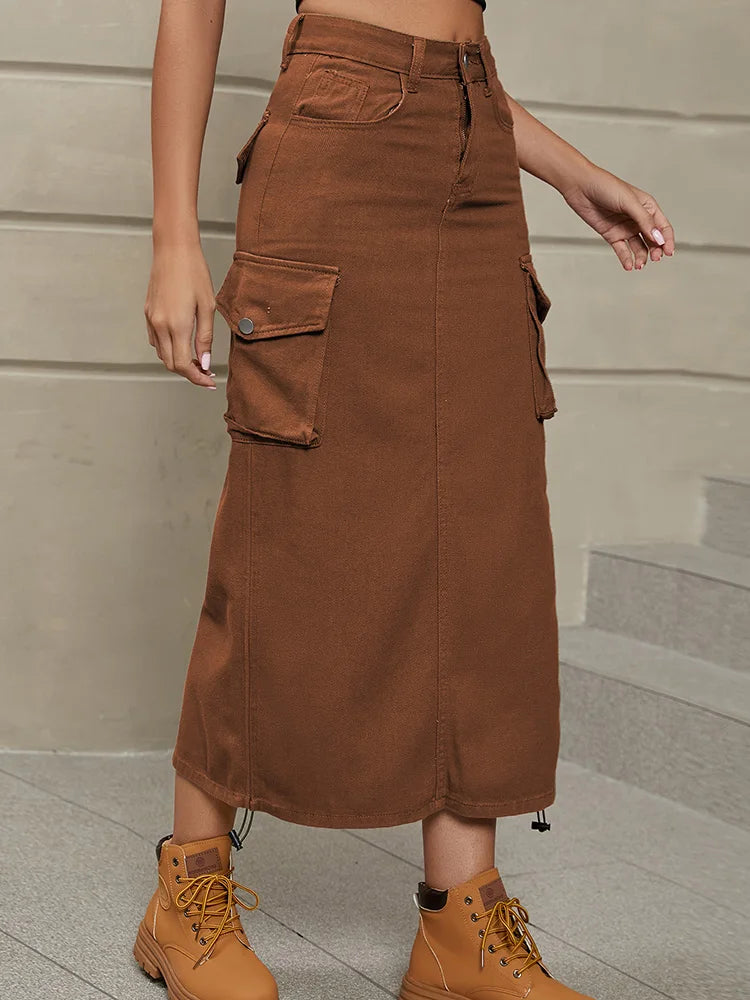 Benuynffy Women Drawstring Cargo Jean Skirt Fashion Vintage High Waist Straight Long Denim Skirts with Pockets Casual Streetwear