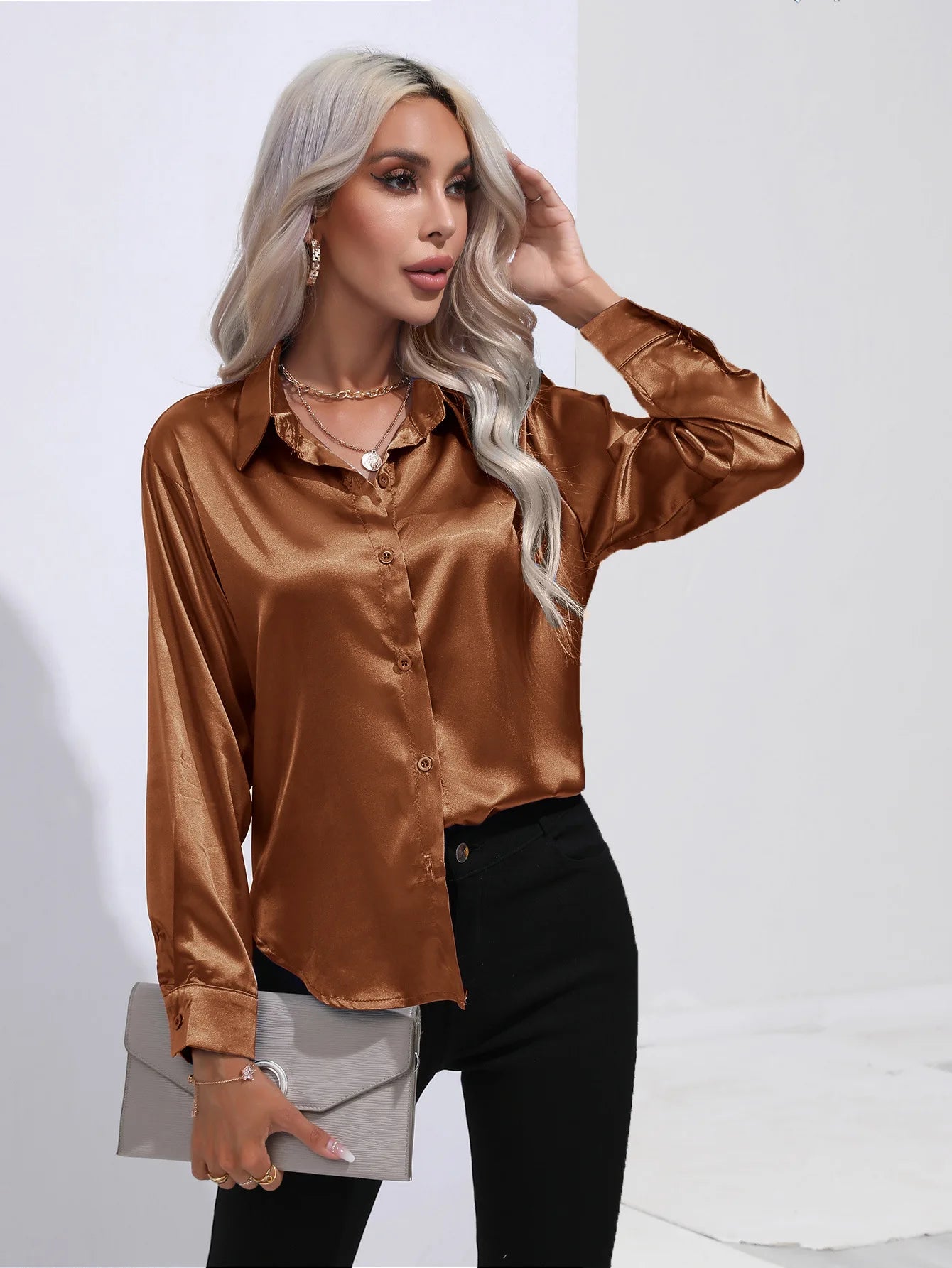 Elegant Women's Satin Imitation Silk Long Sleeve Shirt Autumn/Winter Solid Office Lady Lapel Button Blouse Women Clothing S-XXL