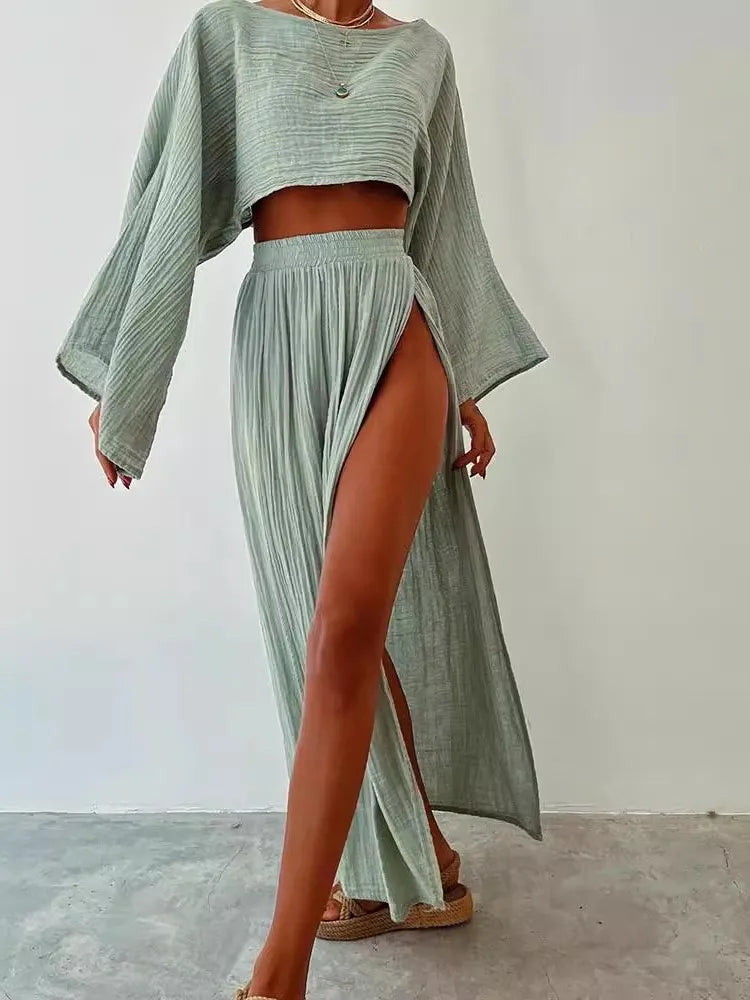 Summer Fashion Cotton Linen Skirt Suit Women O Neck Top + Side Long Slit Skirts 2 Piece Set Y2k High Street Casual Loose Outfit