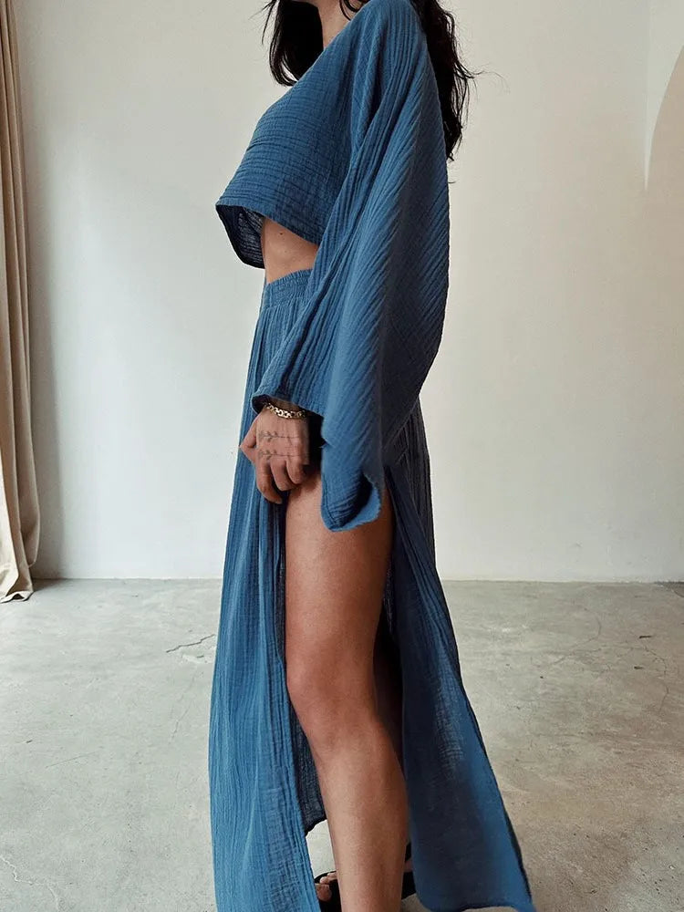 Summer Fashion Cotton Linen Skirt Suit Women O Neck Top + Side Long Slit Skirts 2 Piece Set Y2k High Street Casual Loose Outfit