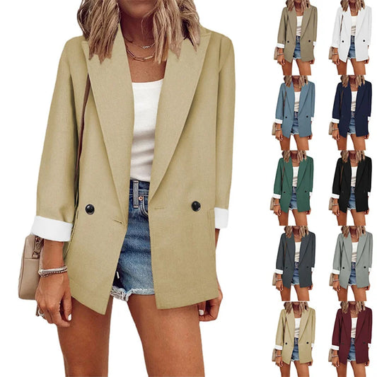 2023 Temperament, Fashion, Autumn and Winter New Women's Coat Solid Color Suit Collar Long Sleeve Loose Fit