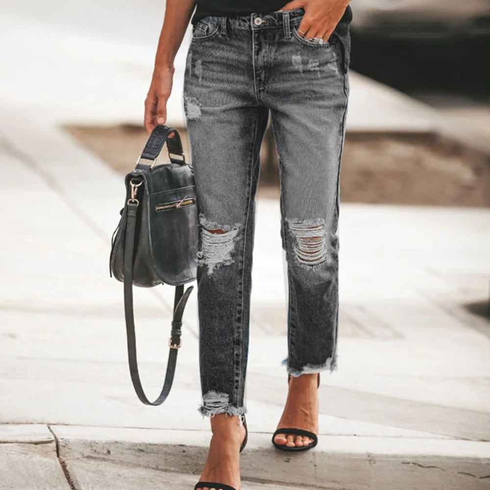 Europe and the United States selling new women's holes without elastic retro temperament fashion casual denim pants