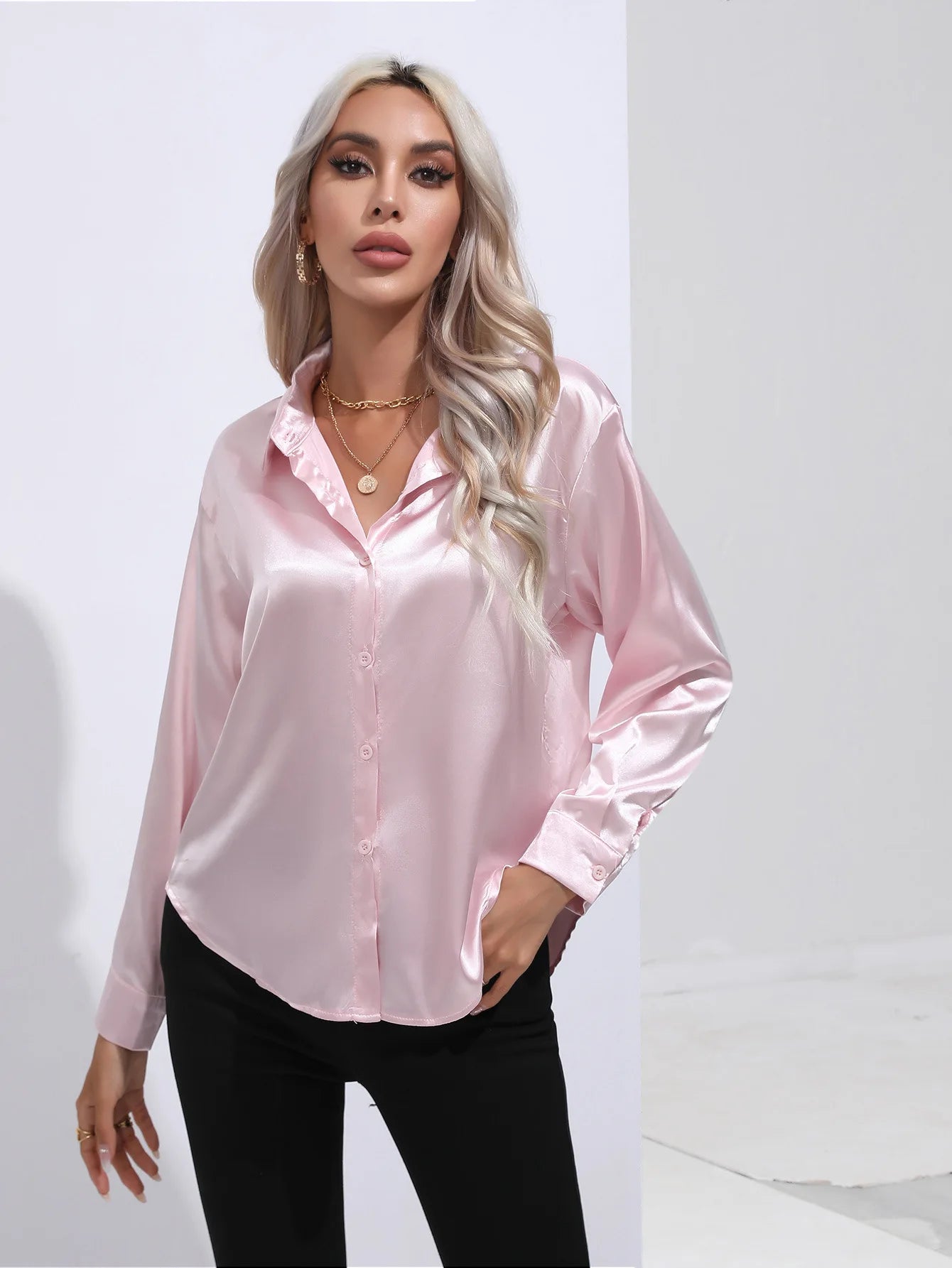 Elegant Women's Satin Imitation Silk Long Sleeve Shirt Autumn/Winter Solid Office Lady Lapel Button Blouse Women Clothing S-XXL