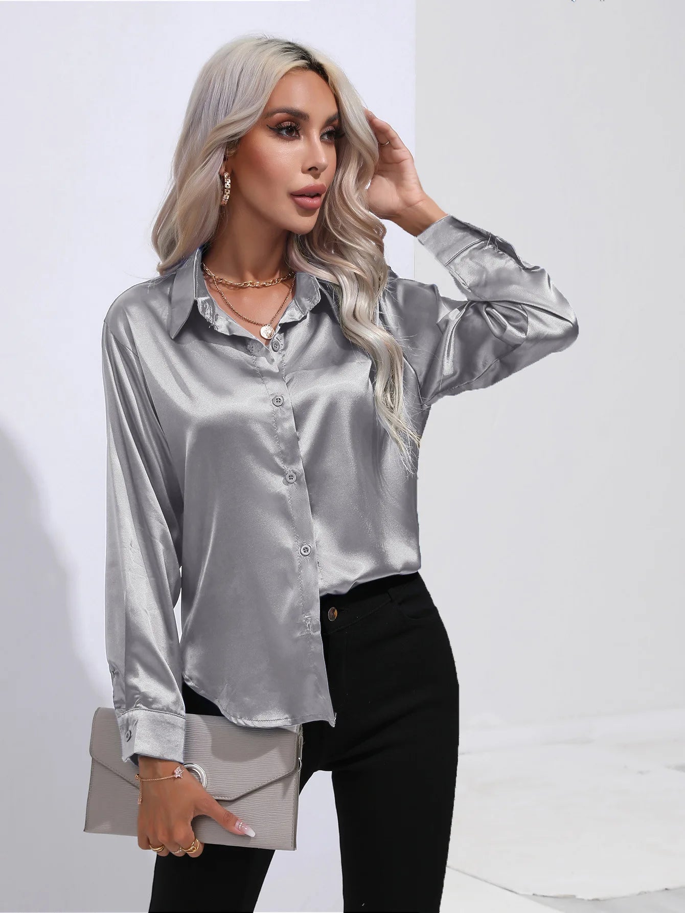 Elegant Women's Satin Imitation Silk Long Sleeve Shirt Autumn/Winter Solid Office Lady Lapel Button Blouse Women Clothing S-XXL