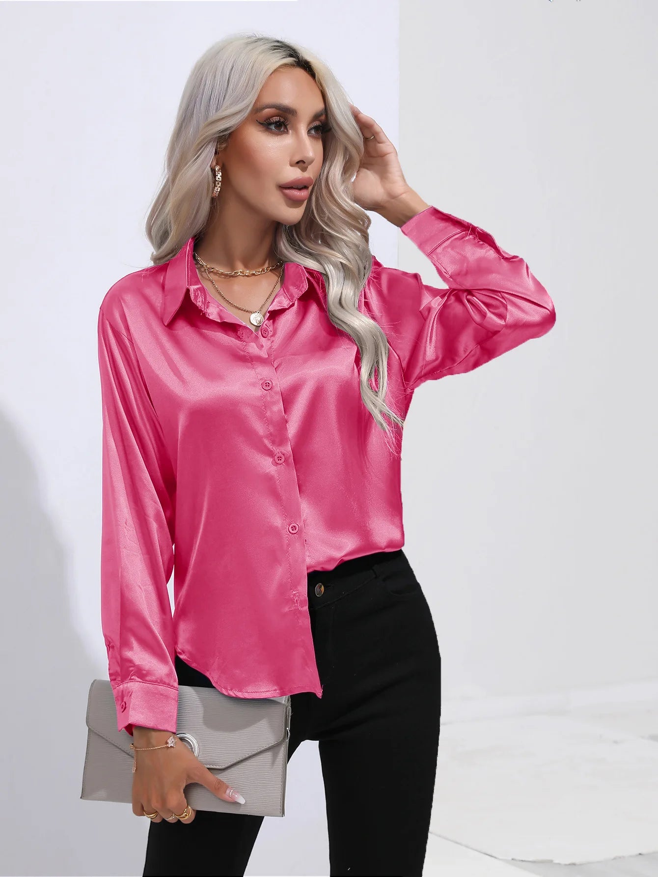 Elegant Women's Satin Imitation Silk Long Sleeve Shirt Autumn/Winter Solid Office Lady Lapel Button Blouse Women Clothing S-XXL